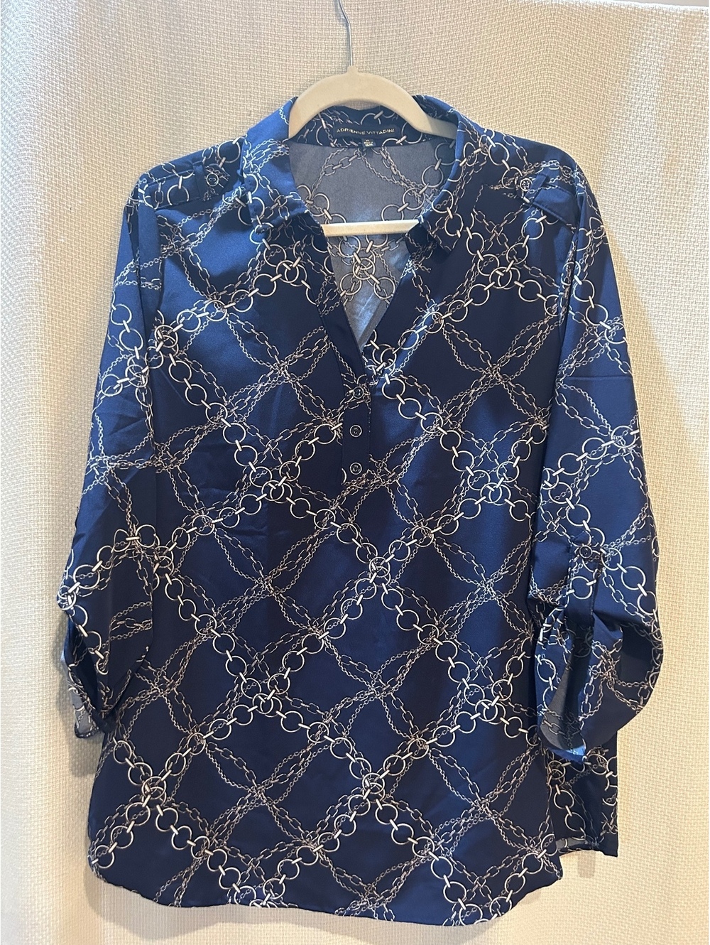 Adrienne Vittadini Navy Blue Chain Print Blouse Size Large